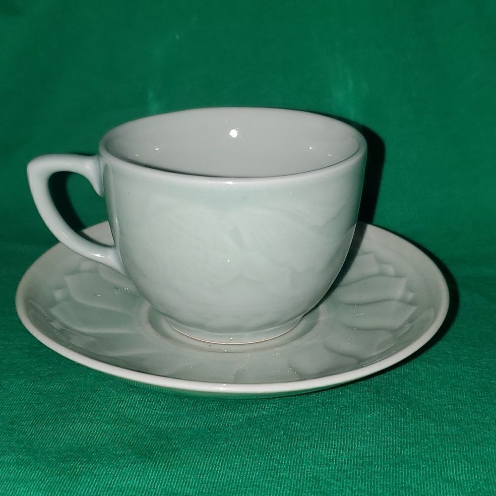 Vintage Longquan Celadon Koi Carp Fish Tea Cup Saucer 6 0z.